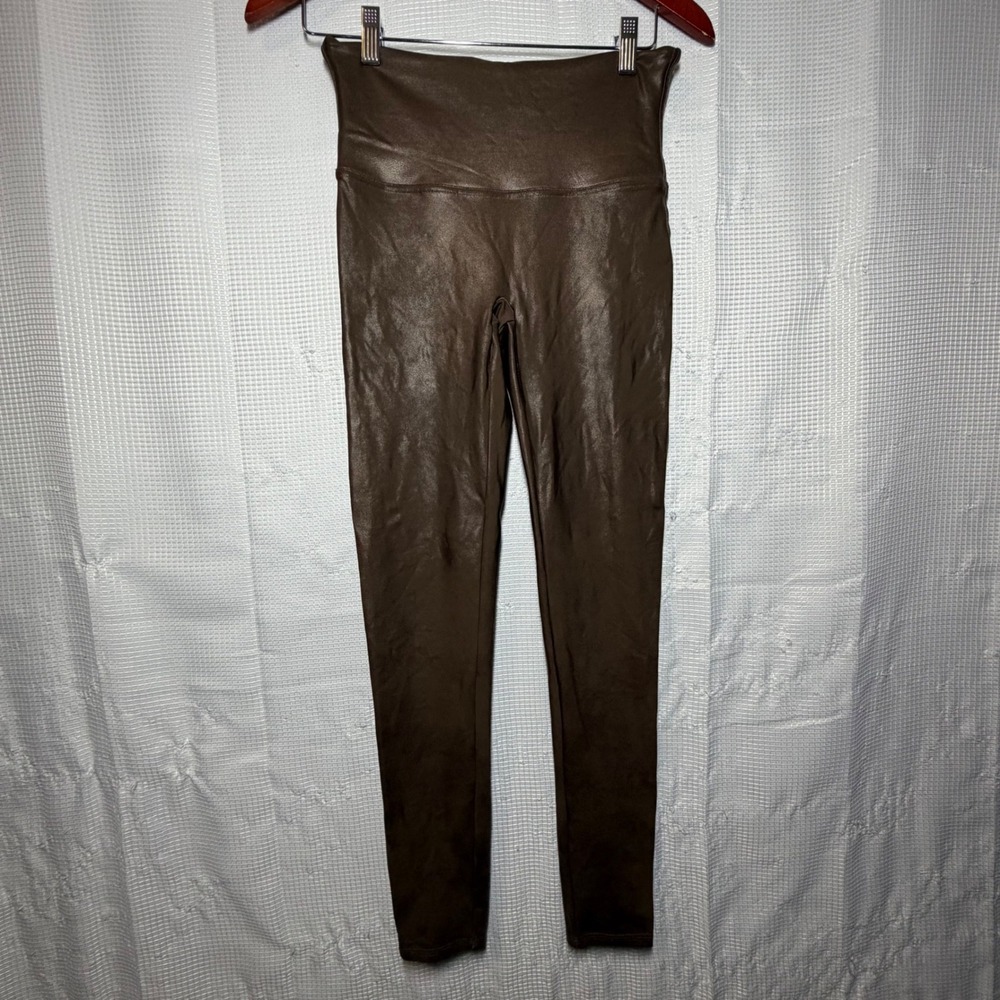Spanx Faux Leather Leggings Brown High Waisted Metallic Sheen Chic Edgy Large